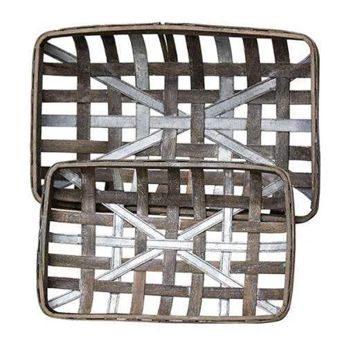 2/Set, Gray Wash Rectangle Tobacco Baskets w/Metal Strips