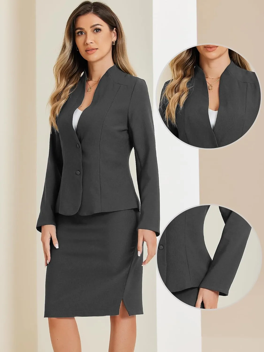 Allegra K 2 Piece Suit Skirt Set for Women's Business Formal Collarless Blazer and Pencil Skirts