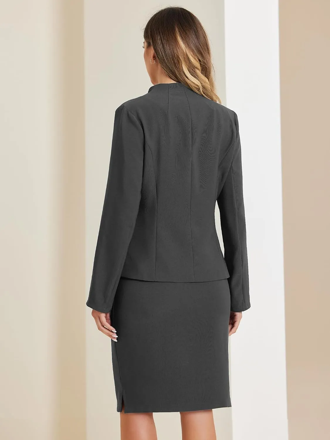 Allegra K 2 Piece Suit Skirt Set for Women's Business Formal Collarless Blazer and Pencil Skirts