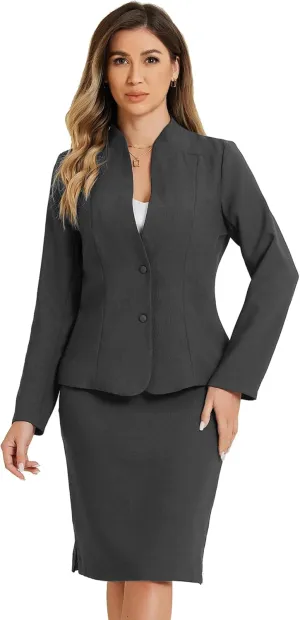 Allegra K 2 Piece Suit Skirt Set for Women's Business Formal Collarless Blazer and Pencil Skirts