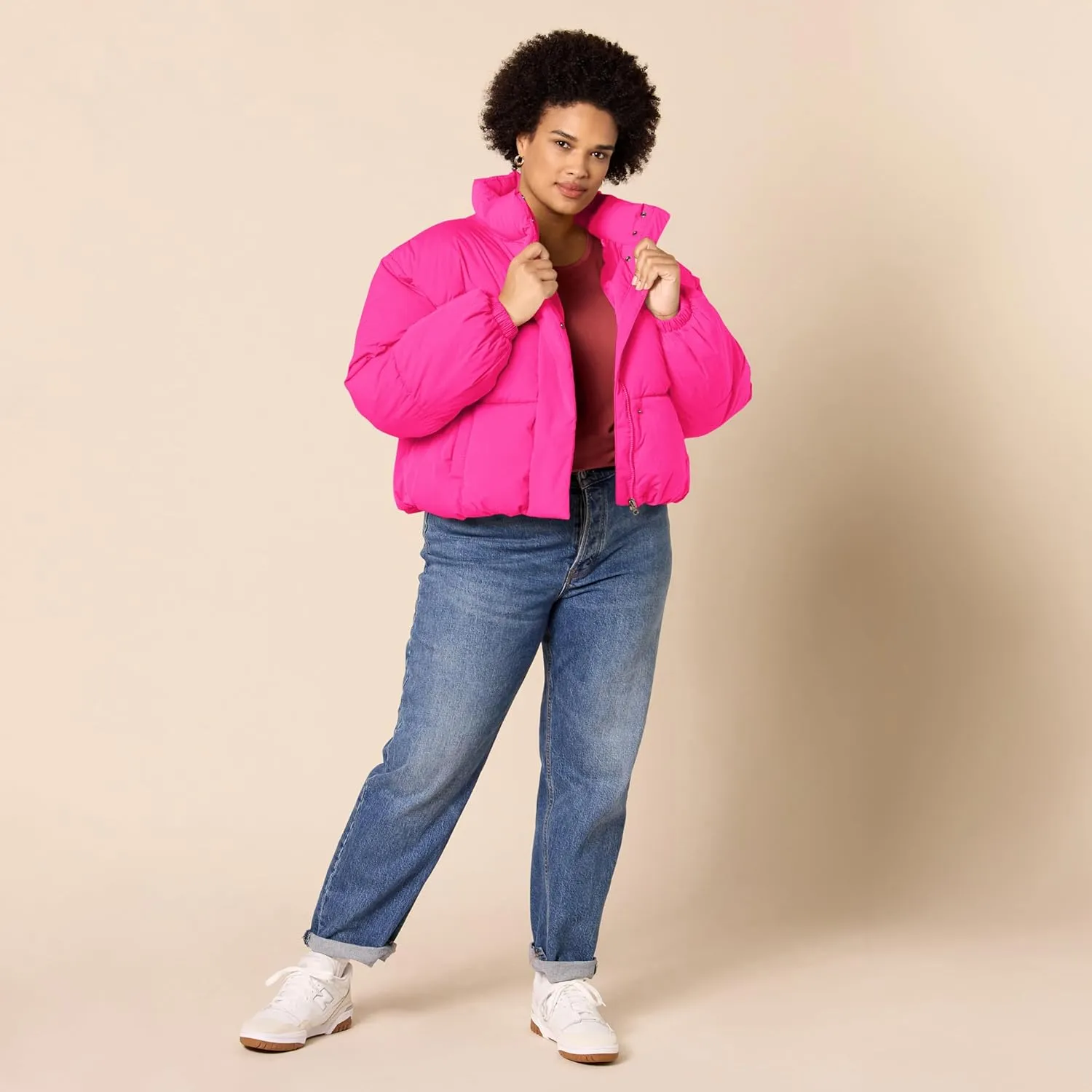 Amazon Essentials Women's Cropped Full-Zip Puffer Jacket (Quilted Matte or Sherpa Fleece)