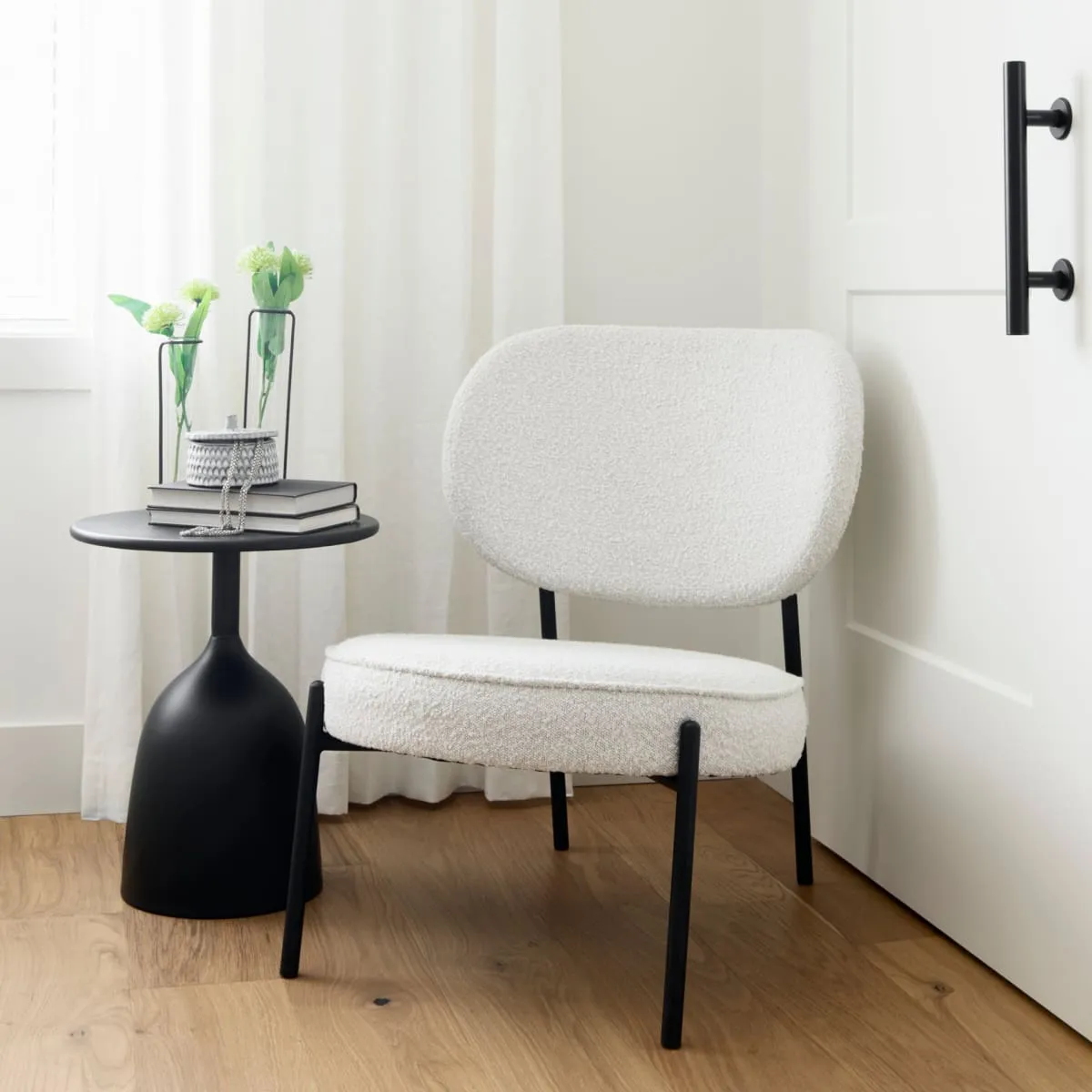 Amelia Accent Chair Cream Bouclé Fabric |  | Black Metal