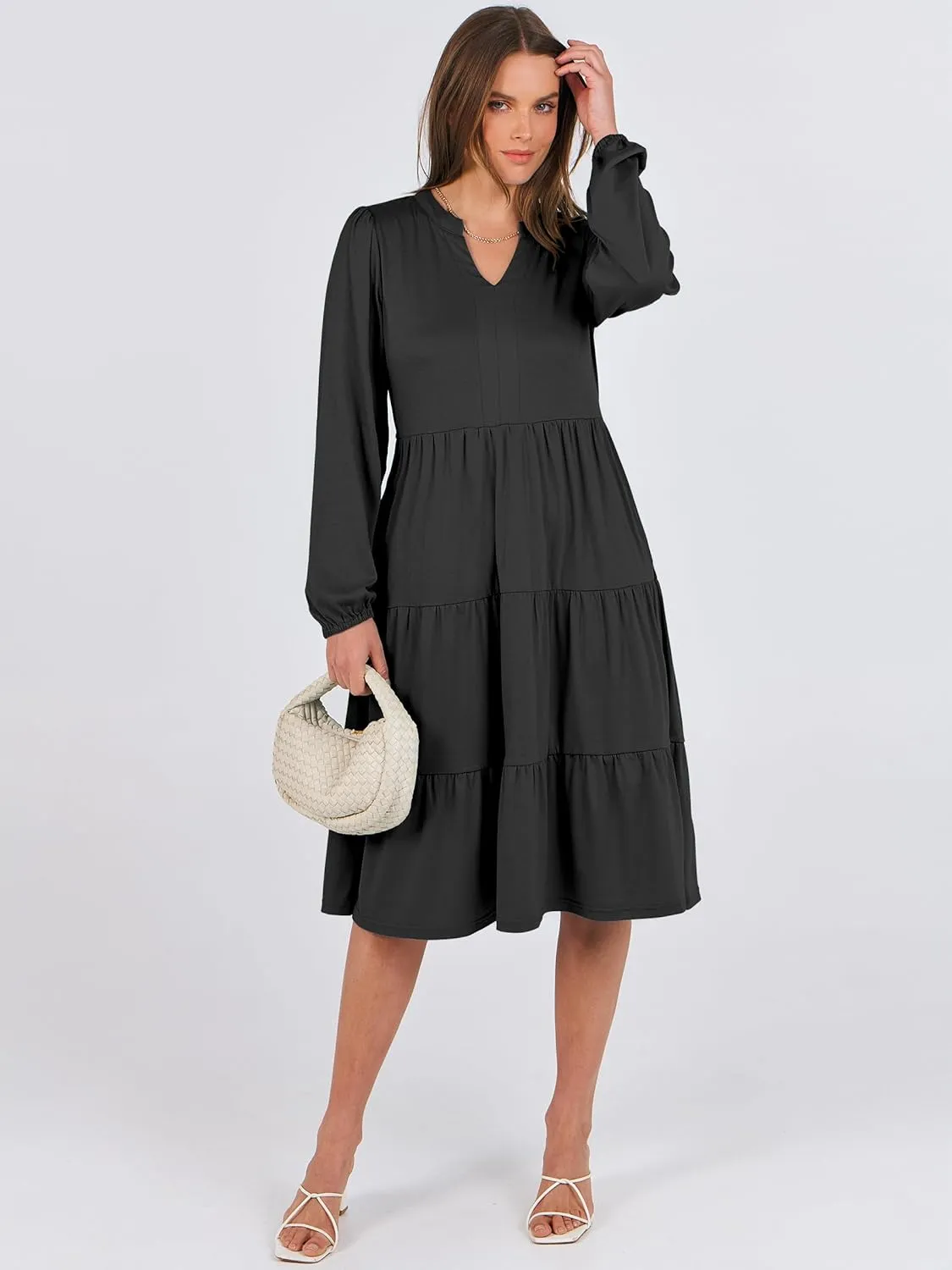 ANRABESS Long Sleeve Dress for Women V Neck 2025 Spring Fashion Casual Loose Fit Flowy Swing Tiered Vacation Dresses