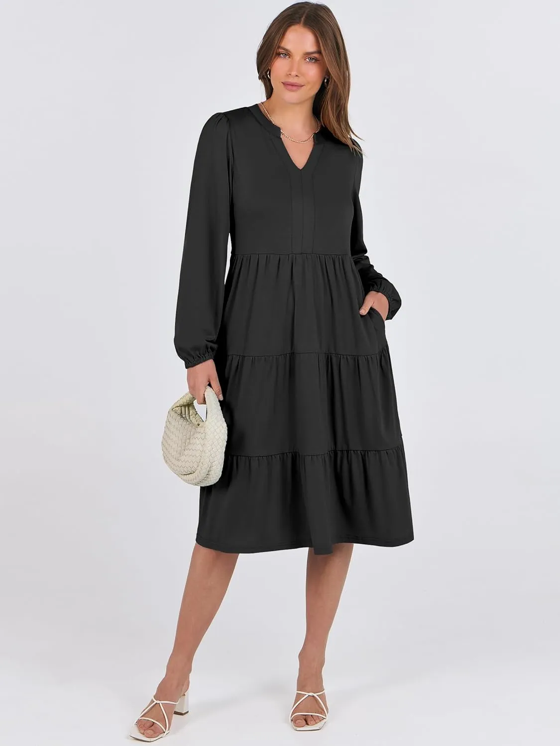 ANRABESS Long Sleeve Dress for Women V Neck 2025 Spring Fashion Casual Loose Fit Flowy Swing Tiered Vacation Dresses