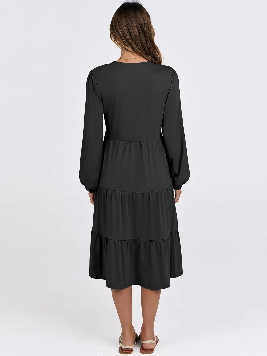 ANRABESS Long Sleeve Dress for Women V Neck 2025 Spring Fashion Casual Loose Fit Flowy Swing Tiered Vacation Dresses