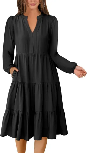 ANRABESS Long Sleeve Dress for Women V Neck 2025 Spring Fashion Casual Loose Fit Flowy Swing Tiered Vacation Dresses