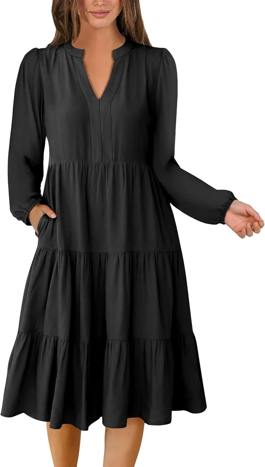 ANRABESS Long Sleeve Dress for Women V Neck 2025 Spring Fashion Casual Loose Fit Flowy Swing Tiered Vacation Dresses