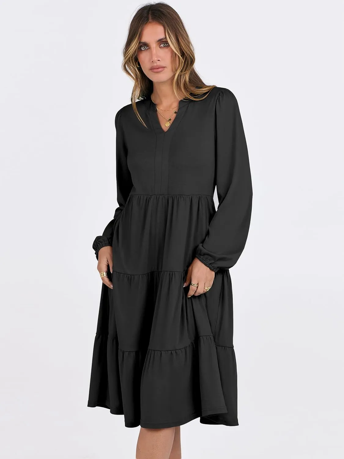 ANRABESS Long Sleeve Dress for Women V Neck 2025 Spring Fashion Casual Loose Fit Flowy Swing Tiered Vacation Dresses