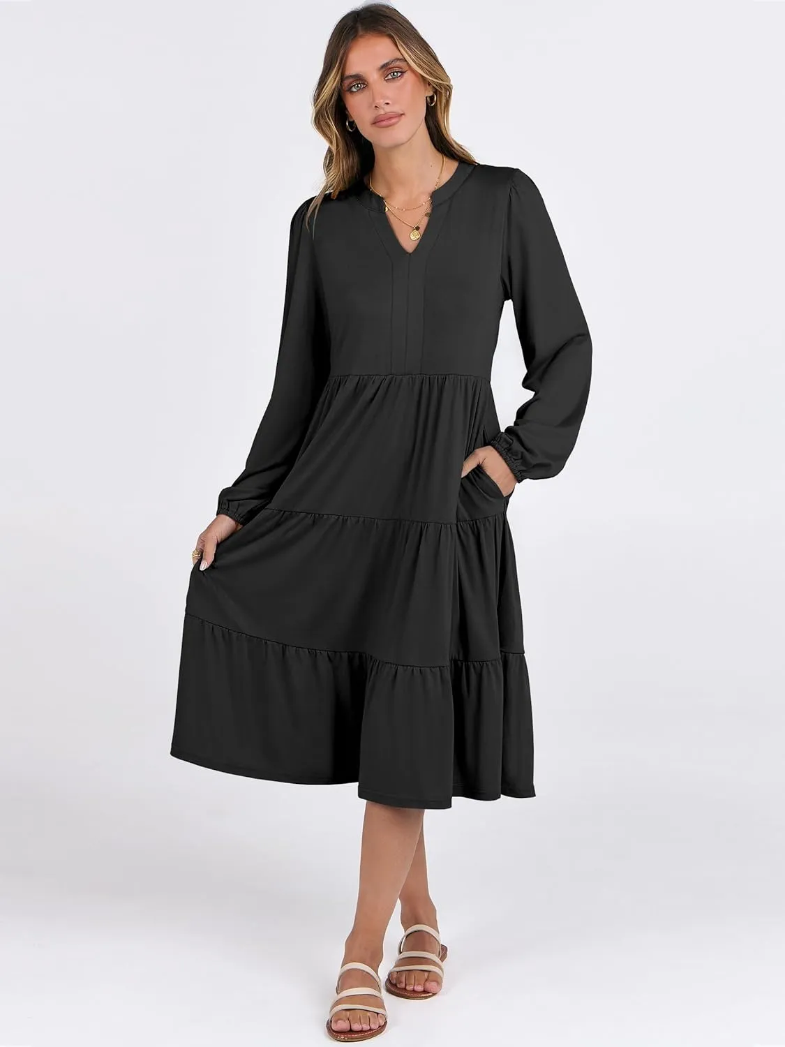 ANRABESS Long Sleeve Dress for Women V Neck 2025 Spring Fashion Casual Loose Fit Flowy Swing Tiered Vacation Dresses