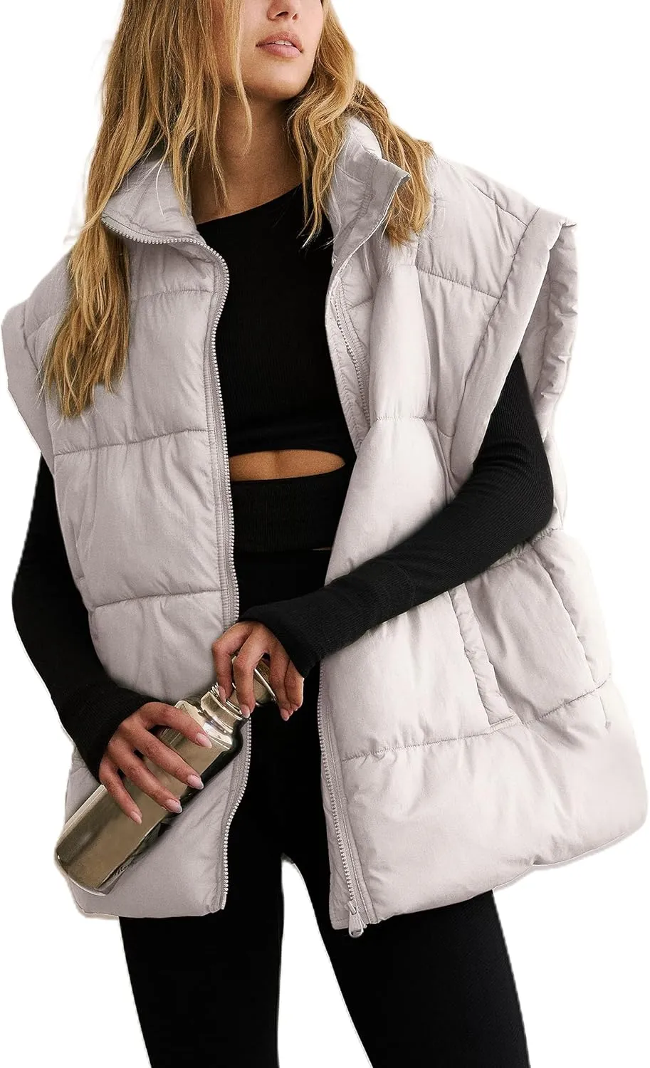APAFES Women Winter Oversized Puffer Vest Lightweight Stand Collar Flysleeve Insulated Padded Puffy Jackets Coat with Pockets