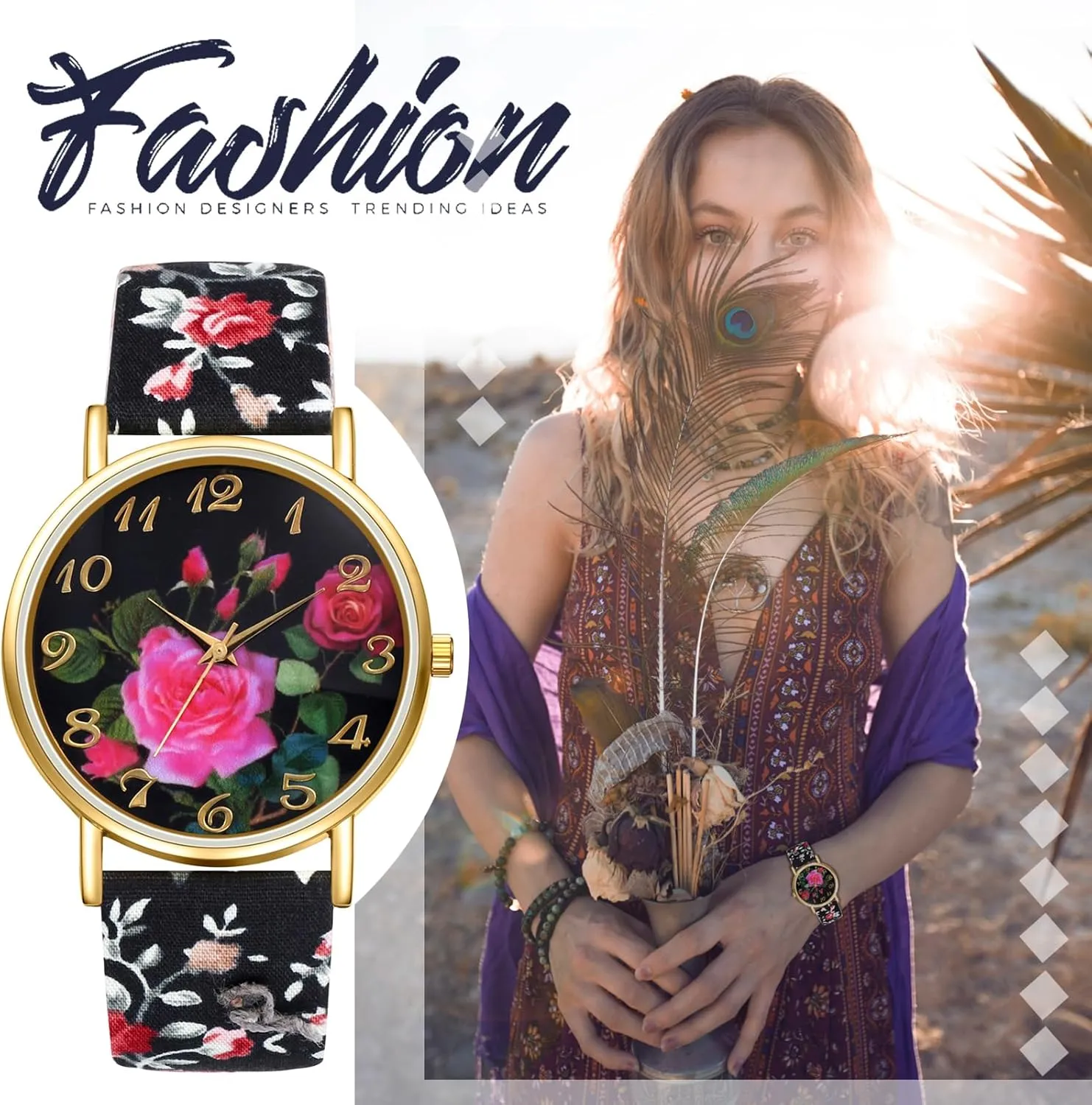 Avaner Women's Leather Wrist Watches Boho Floral Printed Analog Quartz Watches