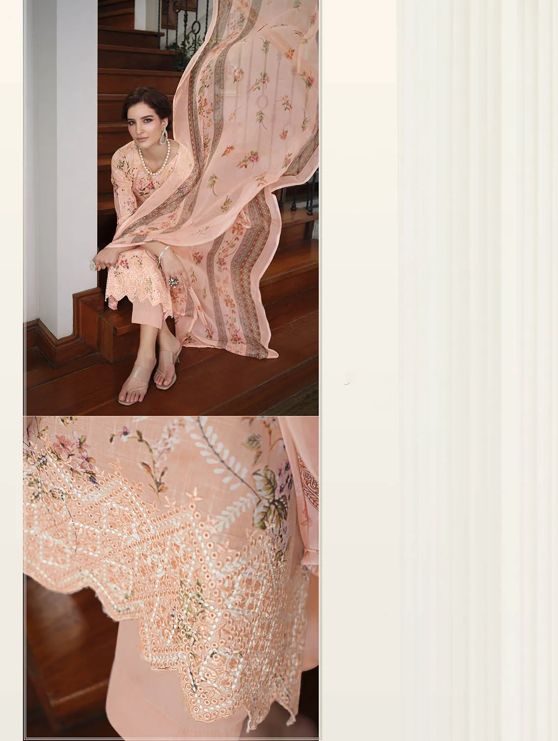 Belliza Cotton Linen Embroidered Unstitched Suit Set Orange