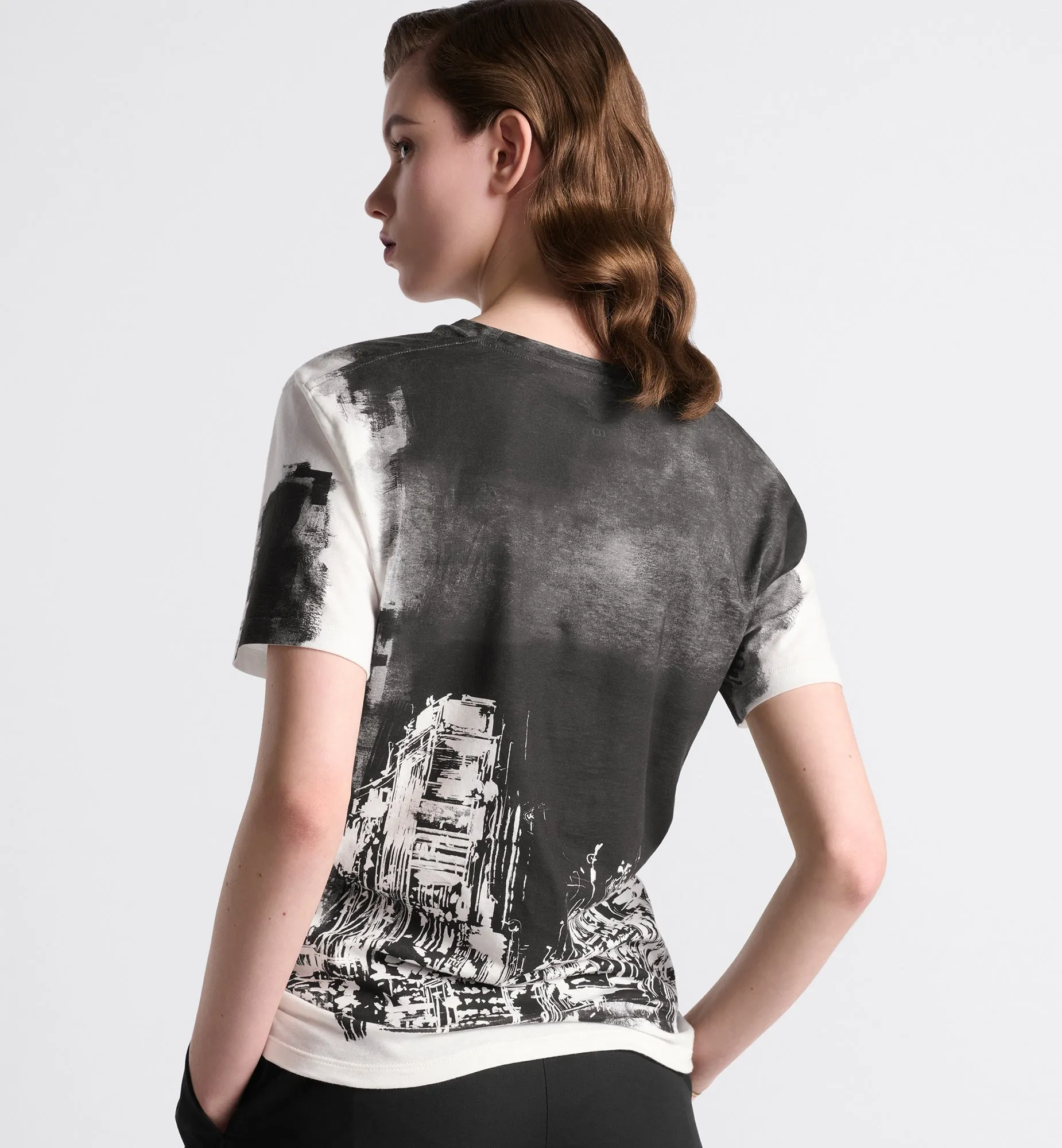 Black and White Cotton and Linen Jersey with New York Motif T-Shirt