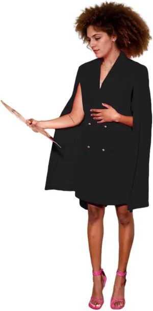 Blazer Dress for Women with Cape Double Breasted Peak Lapel Regular Fit Women's Solid Suit Skirt for Work Office