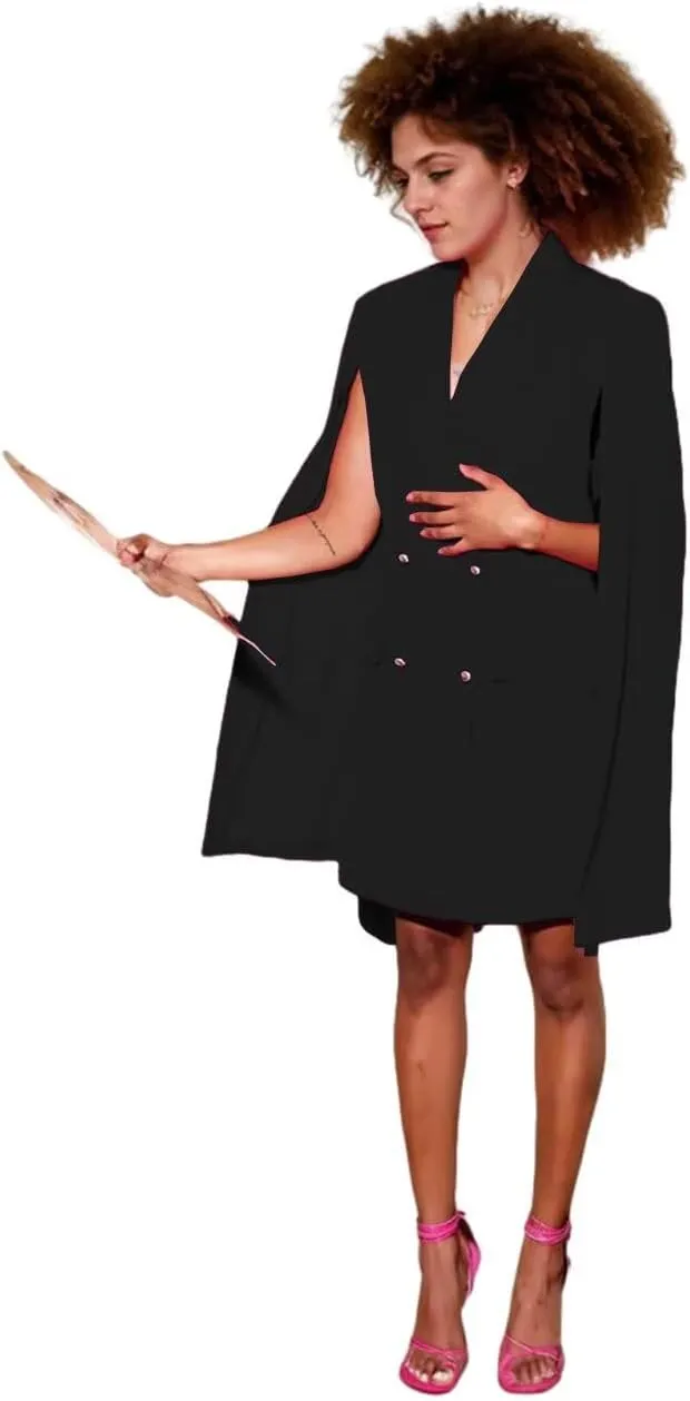 Blazer Dress for Women with Cape Double Breasted Peak Lapel Regular Fit Women's Solid Suit Skirt for Work Office
