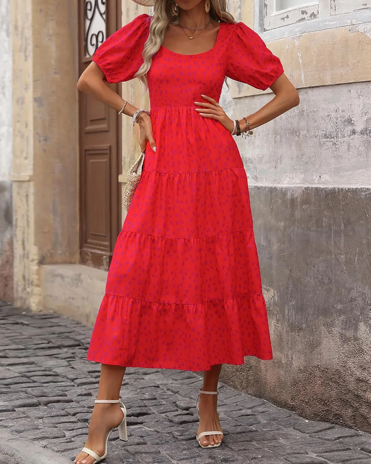 BTFBM Women's Boho Summer Dresses Short Sleeve Floral Print Smocked Tie Back Tiered A-Line Flowy Cruise Vacation Dress