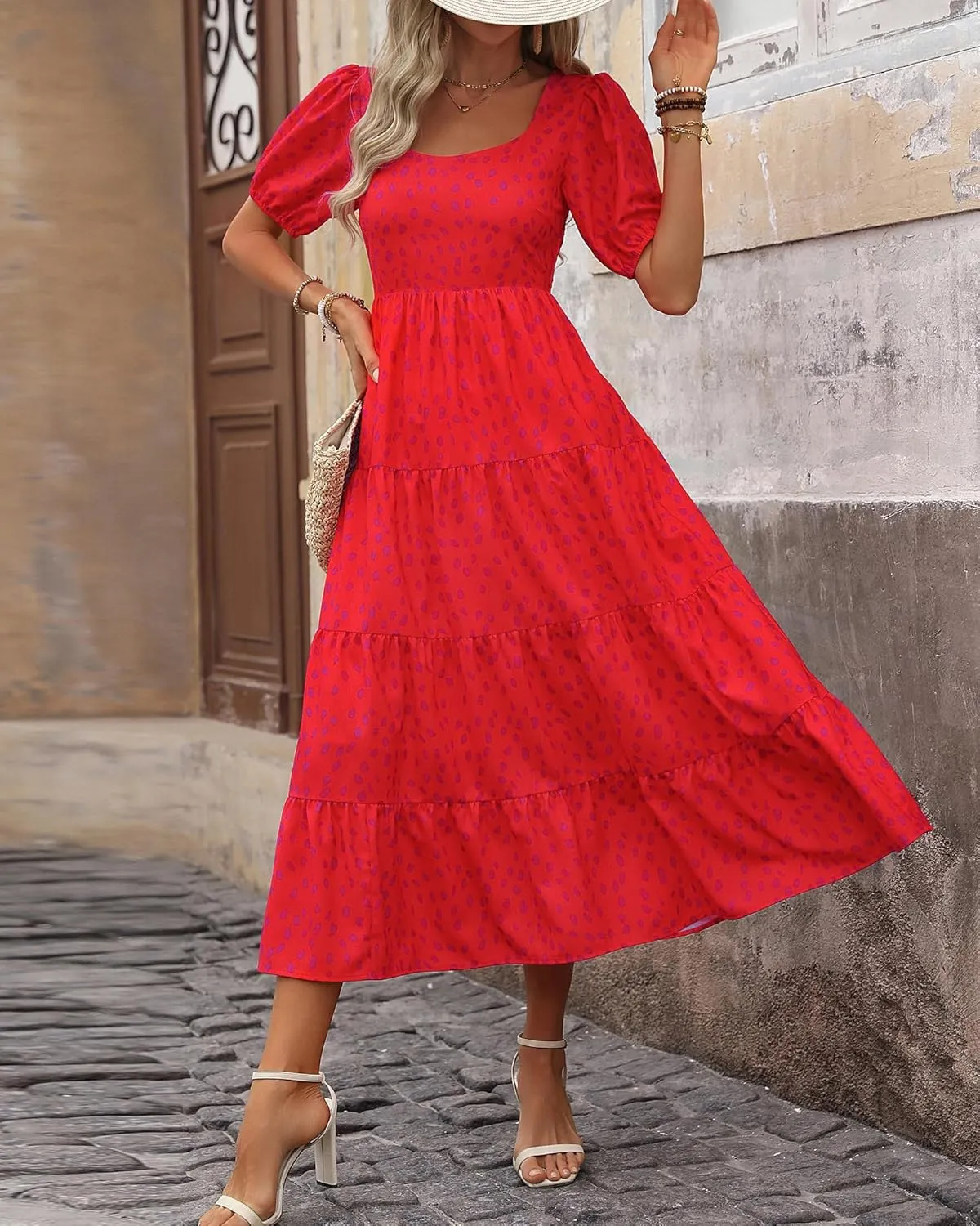 BTFBM Women's Boho Summer Dresses Short Sleeve Floral Print Smocked Tie Back Tiered A-Line Flowy Cruise Vacation Dress