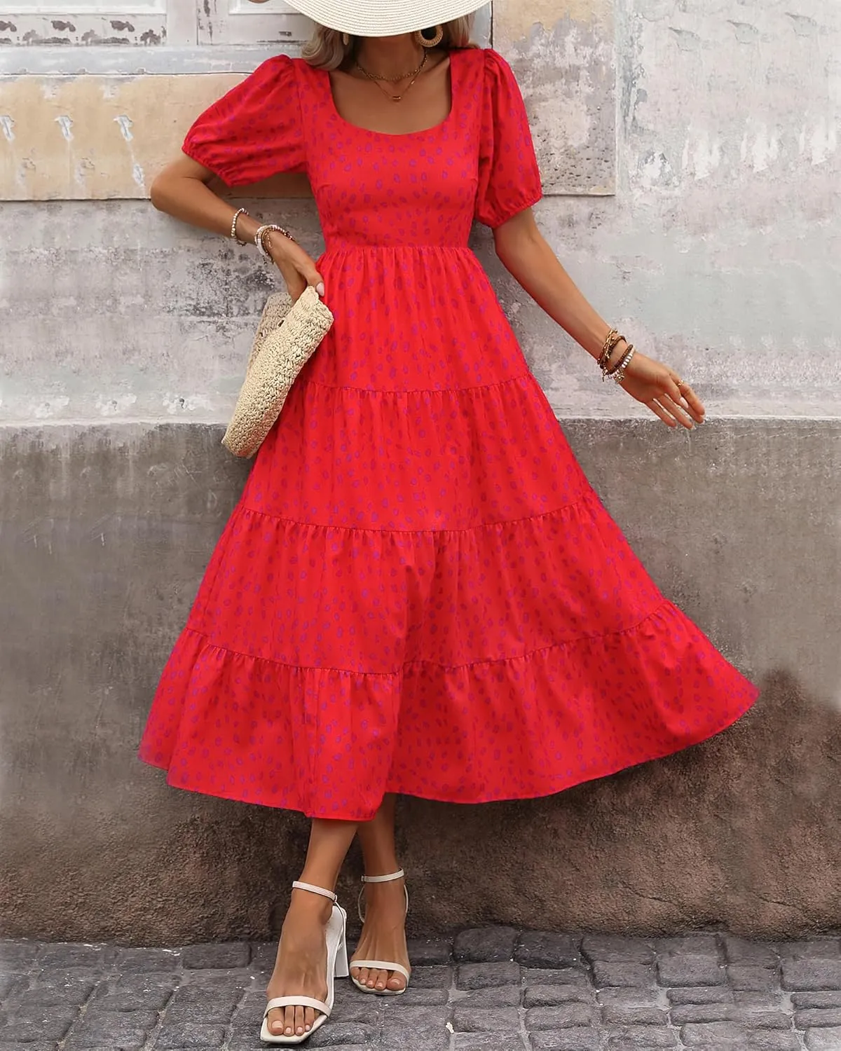 BTFBM Women's Boho Summer Dresses Short Sleeve Floral Print Smocked Tie Back Tiered A-Line Flowy Cruise Vacation Dress