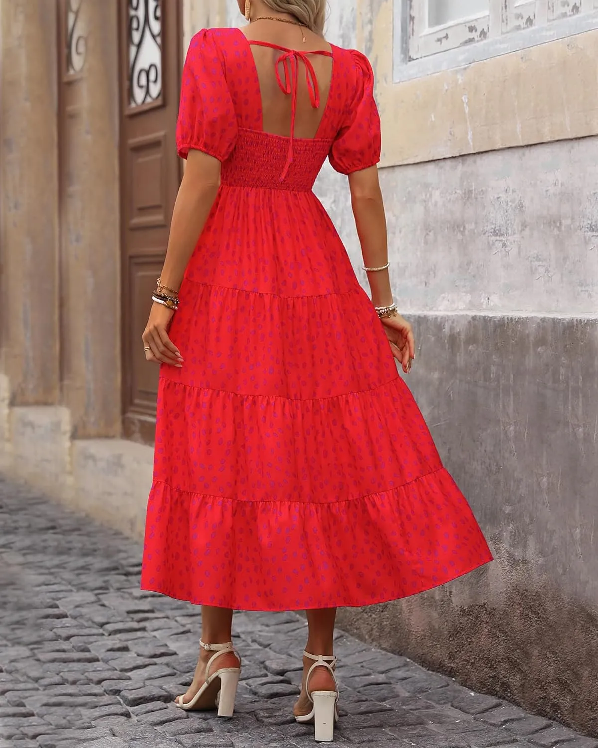 BTFBM Women's Boho Summer Dresses Short Sleeve Floral Print Smocked Tie Back Tiered A-Line Flowy Cruise Vacation Dress