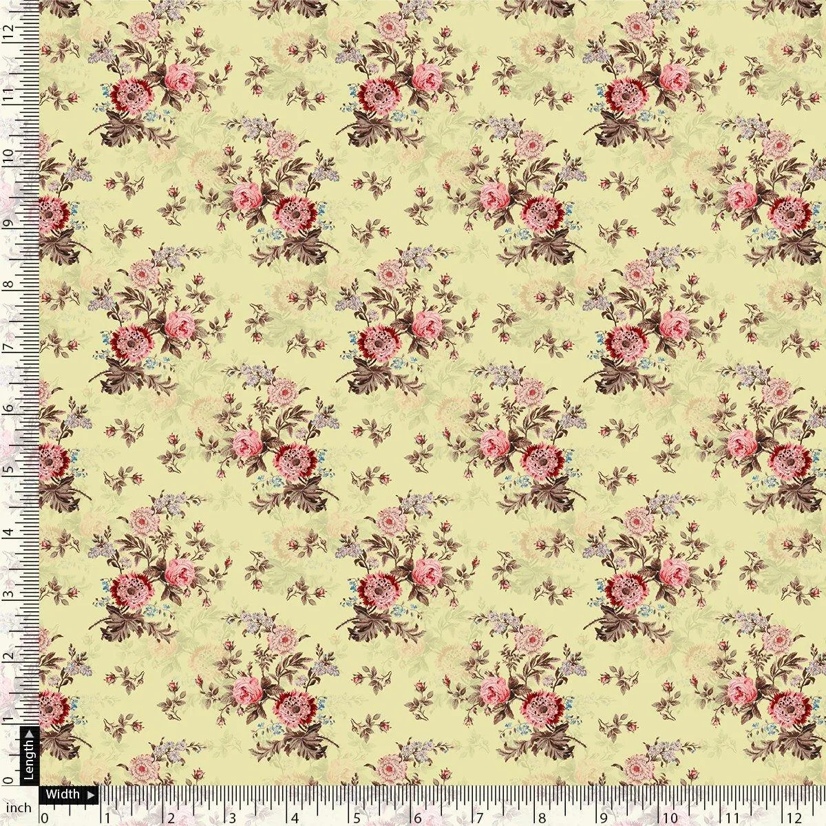 Chrysanthemum And Roses Bunch Digital Printed Fabric - Rayon