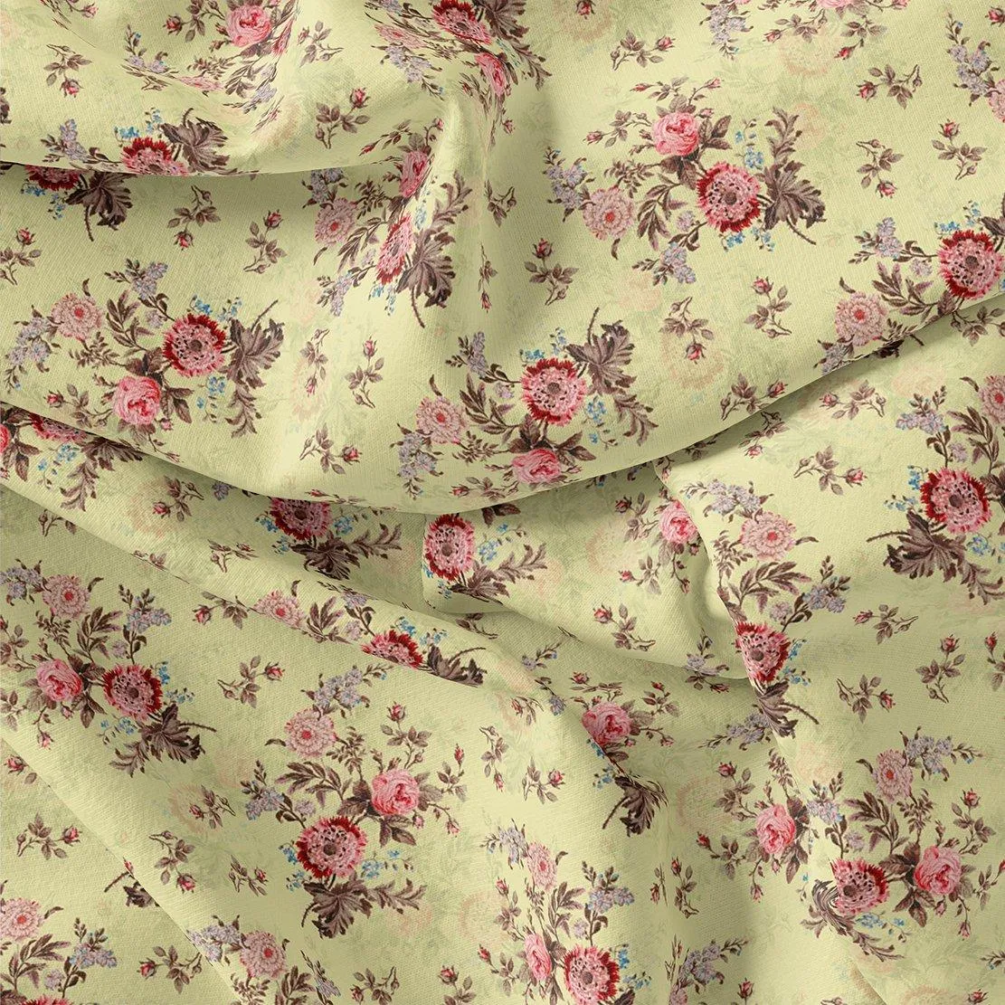 Chrysanthemum And Roses Bunch Digital Printed Fabric - Rayon