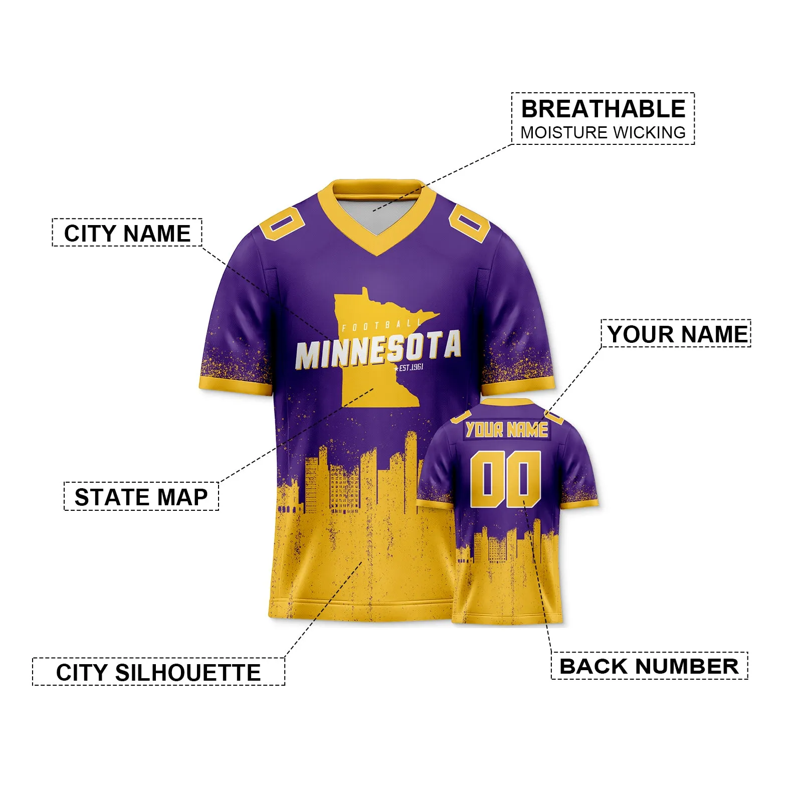 Custom Football Jersey Minnesota Vikings City Map Graffiti Shirt Unisex Personalized Name and Number for Men Women Youth Football Fans Gift