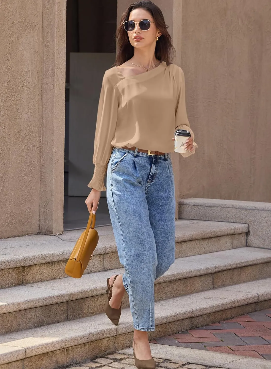 EVALESS Blouses for Women Dressy Casual Pleated Long Sleeve Tops Asymmetrical V Neck Business Work Shirts