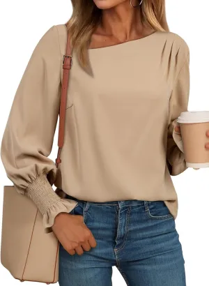 EVALESS Blouses for Women Dressy Casual Pleated Long Sleeve Tops Asymmetrical V Neck Business Work Shirts