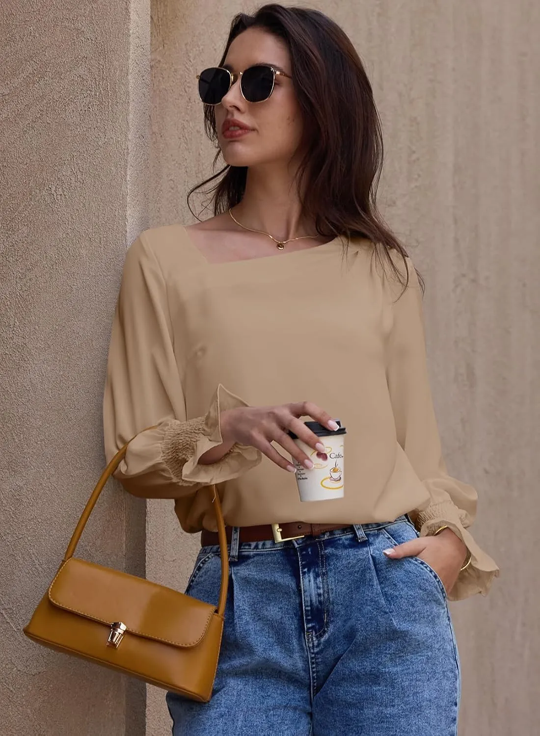 EVALESS Blouses for Women Dressy Casual Pleated Long Sleeve Tops Asymmetrical V Neck Business Work Shirts
