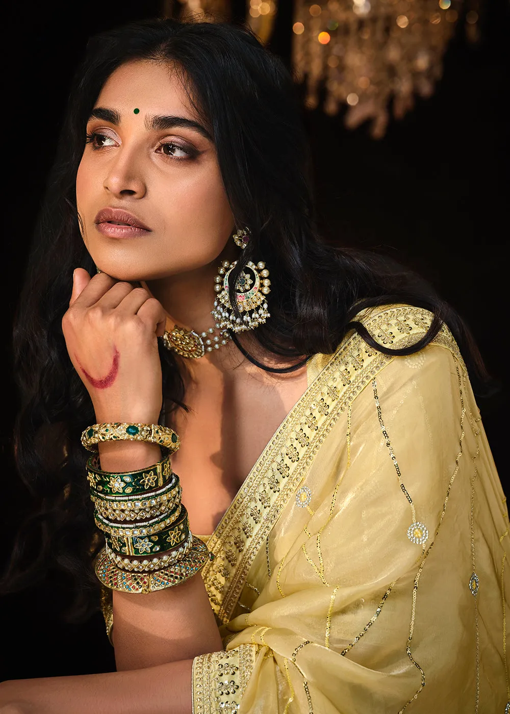 Fancy Bright Yellow Embroidered Designer Wedding Wear Saree