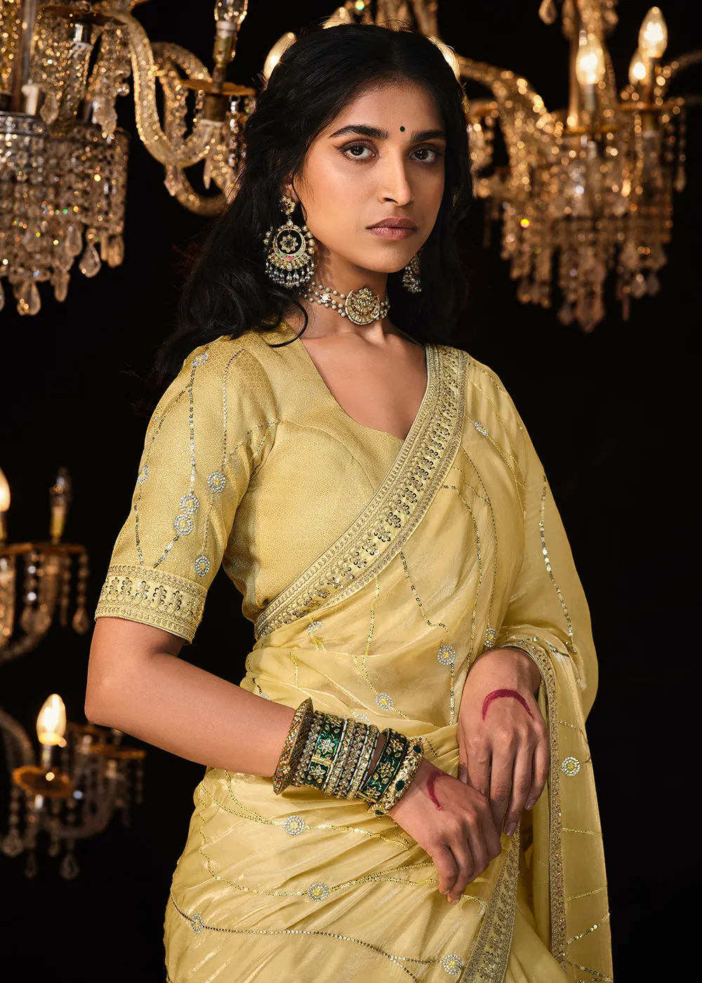 Fancy Bright Yellow Embroidered Designer Wedding Wear Saree