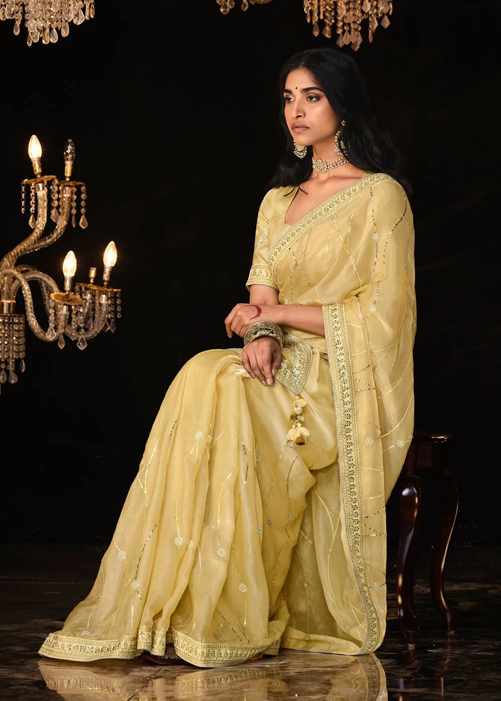 Fancy Bright Yellow Embroidered Designer Wedding Wear Saree