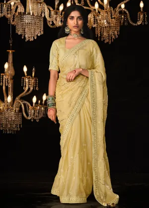 Fancy Bright Yellow Embroidered Designer Wedding Wear Saree
