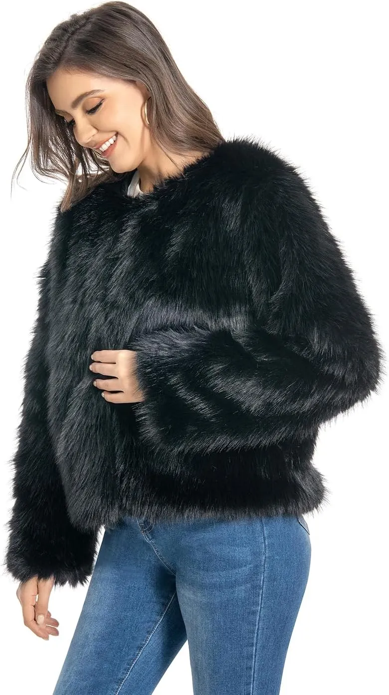 Fur Coat for Women,Faux Furry Long Sleeve Cropped Fluffy Jacket Shaggy Warm Winter Outerwear
