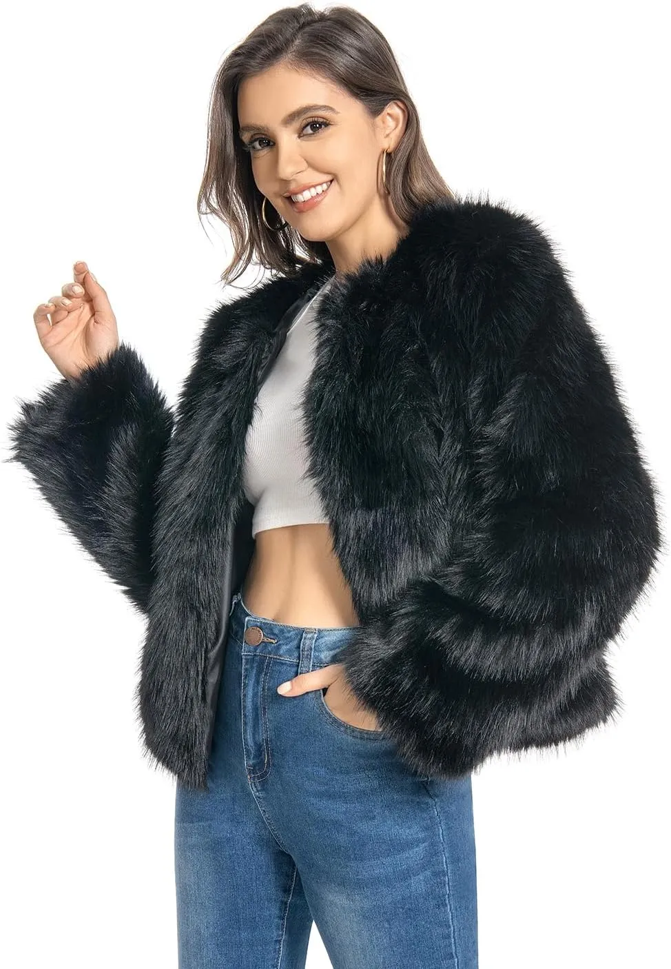Fur Coat for Women,Faux Furry Long Sleeve Cropped Fluffy Jacket Shaggy Warm Winter Outerwear