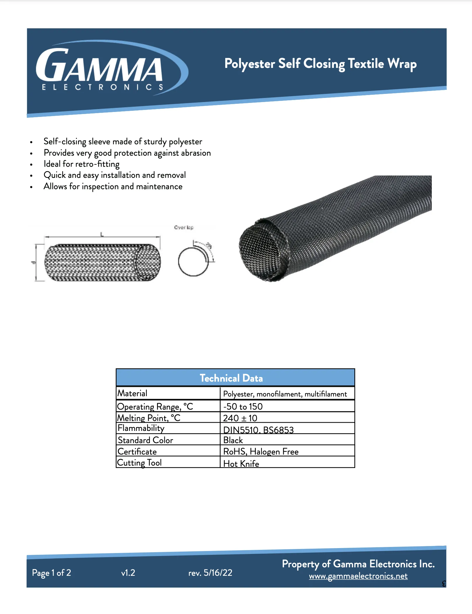Gamma Polyester Self Closing Textile Wrap Braided Sleeving