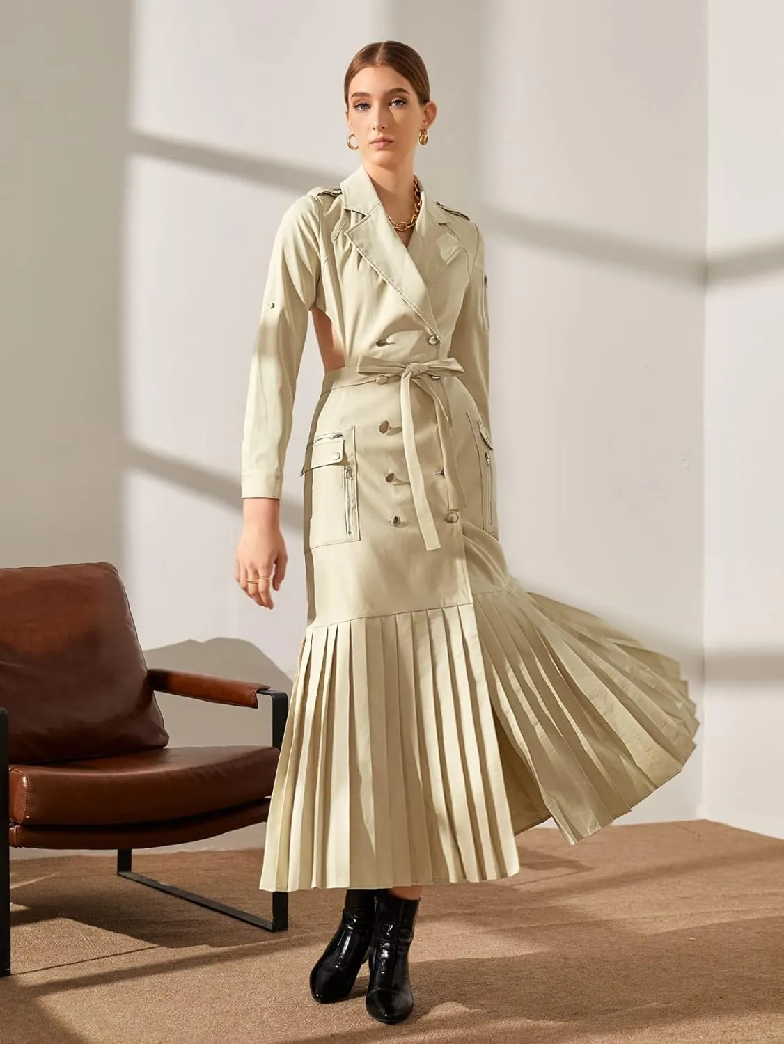 Jackets for Women Jackets - Cut Out Back Double Breasted Pleated Hem Belted Trench Coat (Color : Beige, Size : X-Small)