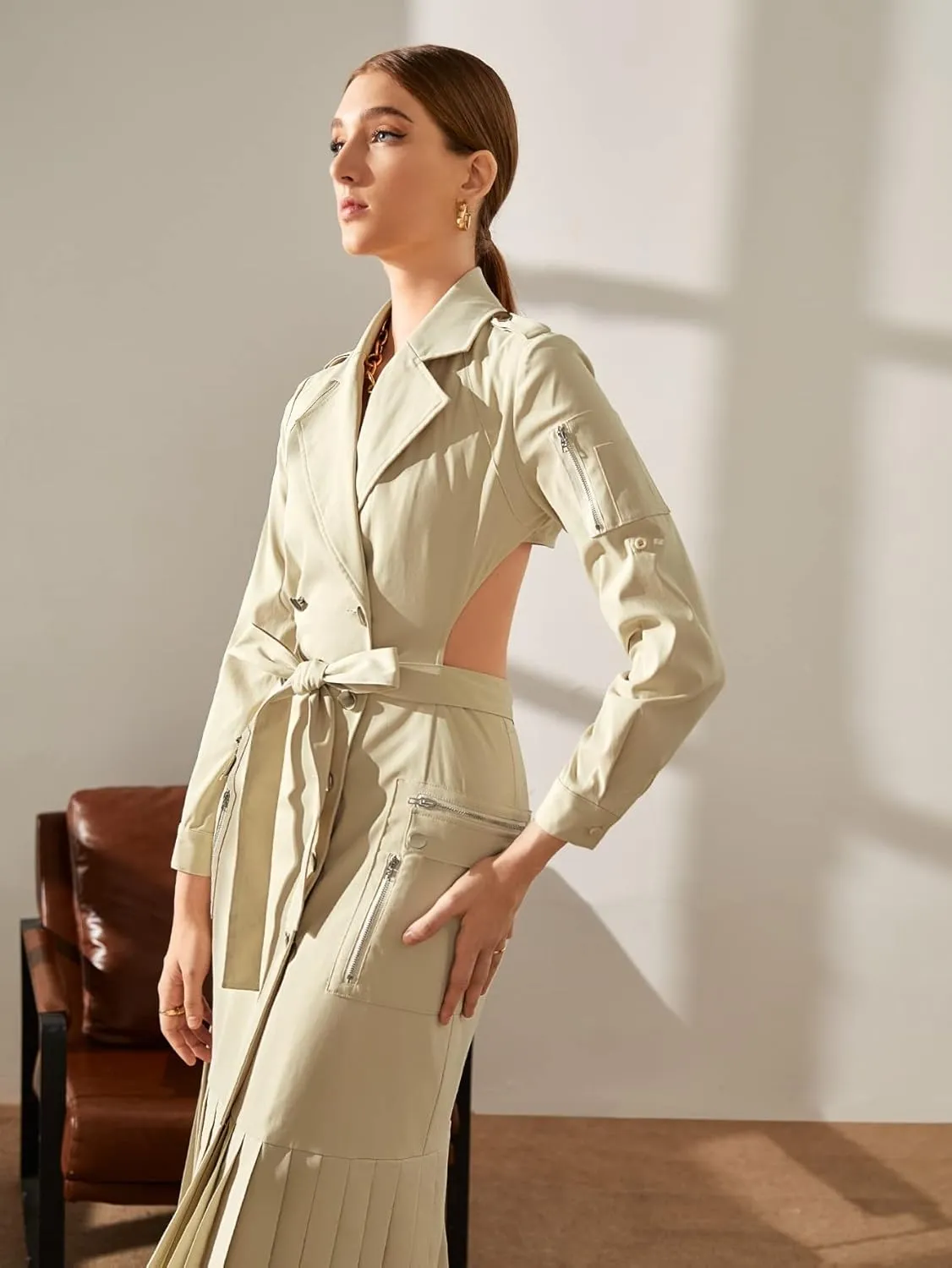Jackets for Women Jackets - Cut Out Back Double Breasted Pleated Hem Belted Trench Coat (Color : Beige, Size : X-Small)