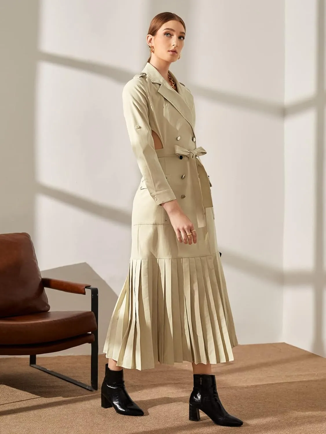 Jackets for Women Jackets - Cut Out Back Double Breasted Pleated Hem Belted Trench Coat (Color : Beige, Size : X-Small)