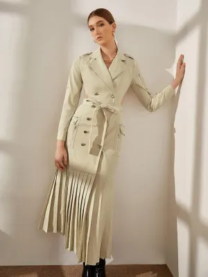 Jackets for Women Jackets - Cut Out Back Double Breasted Pleated Hem Belted Trench Coat (Color : Beige, Size : X-Small)