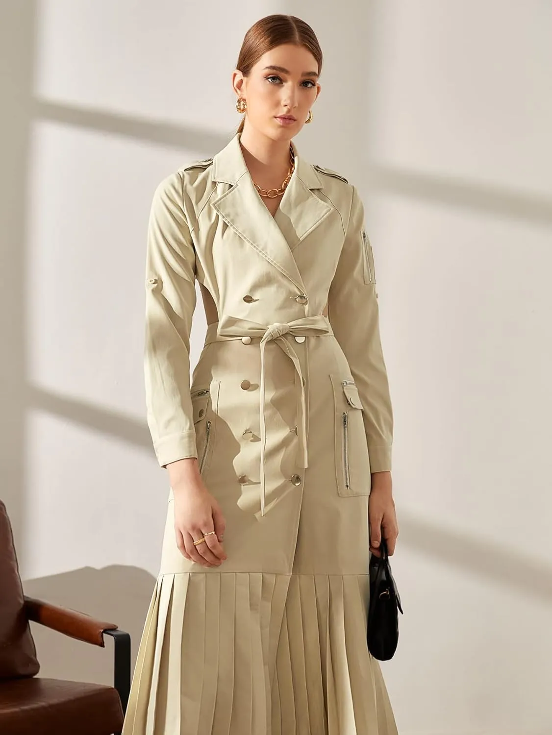 Jackets for Women Jackets - Cut Out Back Double Breasted Pleated Hem Belted Trench Coat (Color : Beige, Size : X-Small)