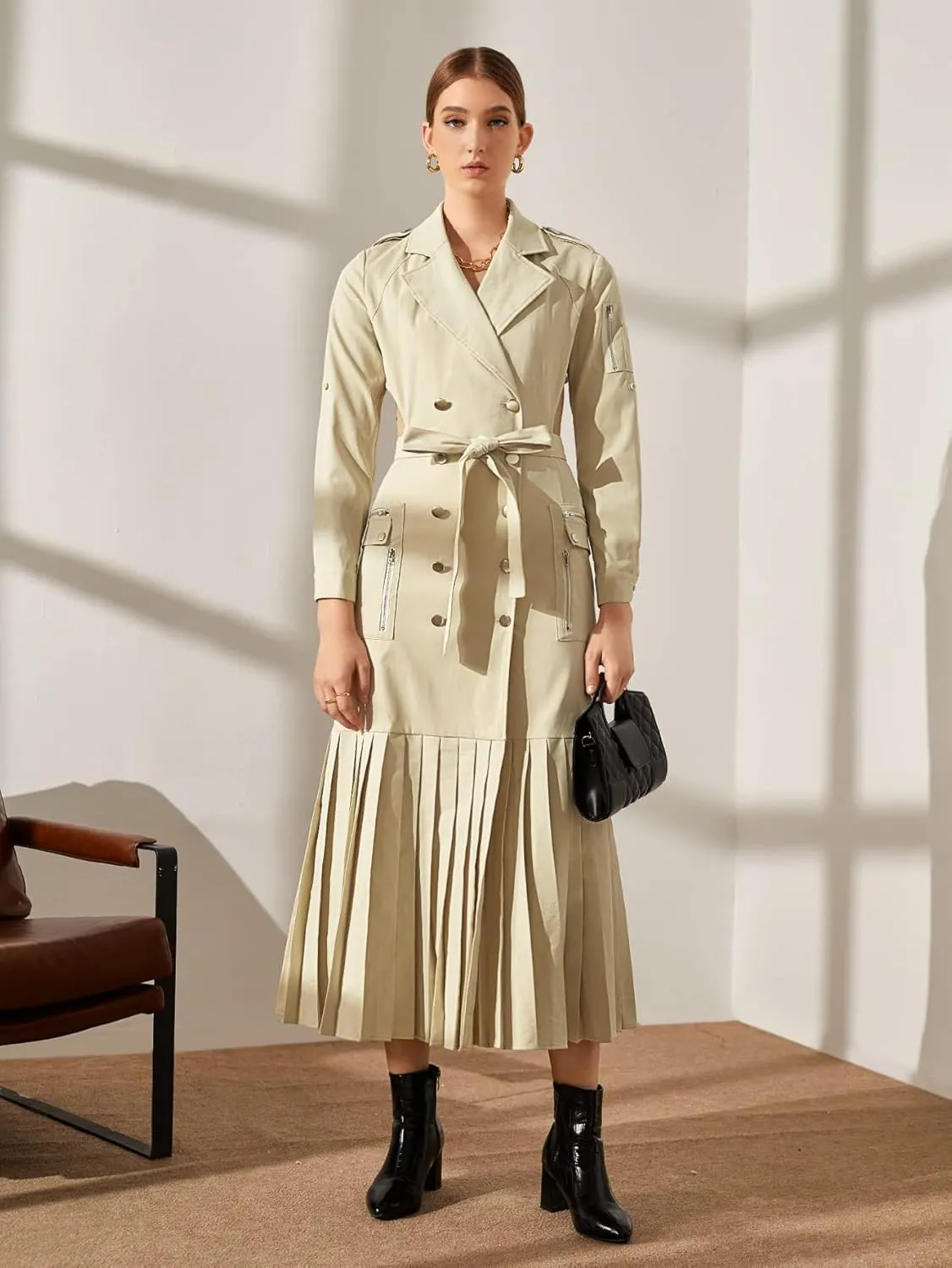 Jackets for Women Jackets - Cut Out Back Double Breasted Pleated Hem Belted Trench Coat (Color : Beige, Size : X-Small)