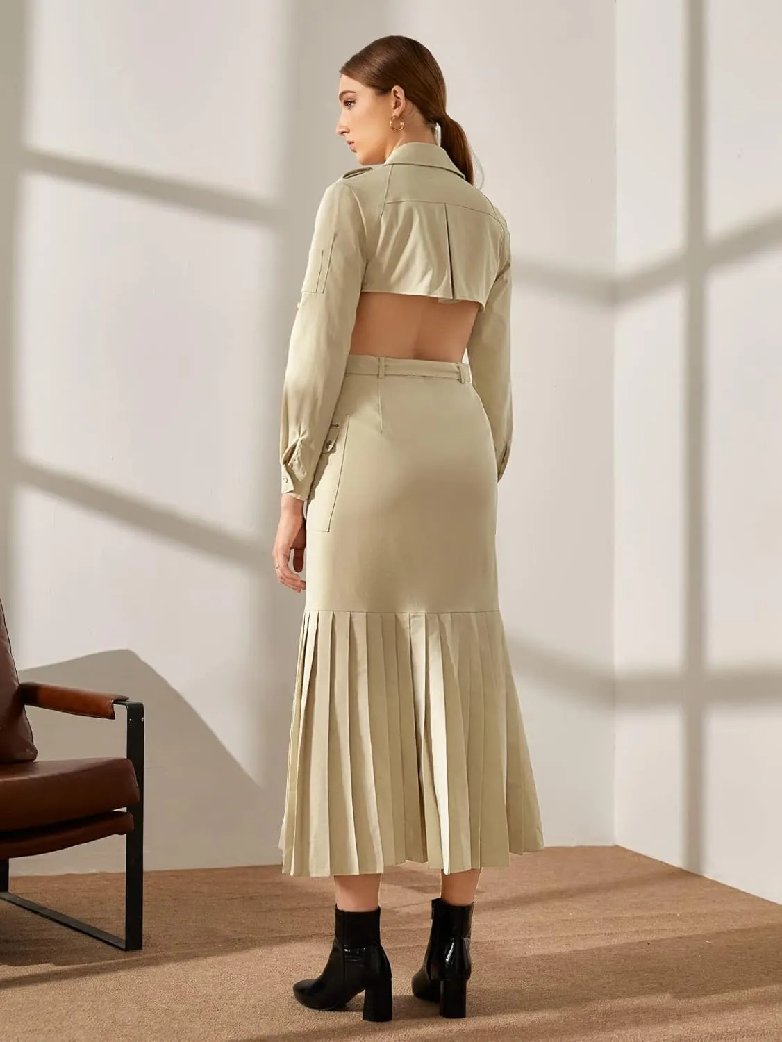 Jackets for Women Jackets - Cut Out Back Double Breasted Pleated Hem Belted Trench Coat (Color : Beige, Size : X-Small)