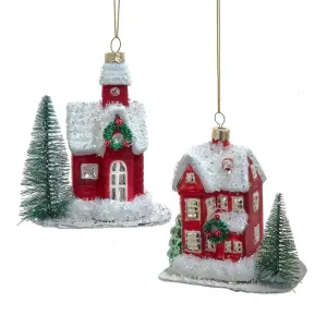 Kurt Adler Red Glass Snowy House Ornaments