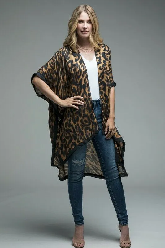 Leopard Animal Print Black Border Kimono Wrap Womens One Size