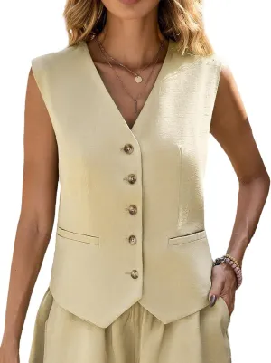 Linen Vest Tops for Women Summer Lihtweight Breathable V-Neck Button Fashion Casual Work Beach Vacation Outerwear