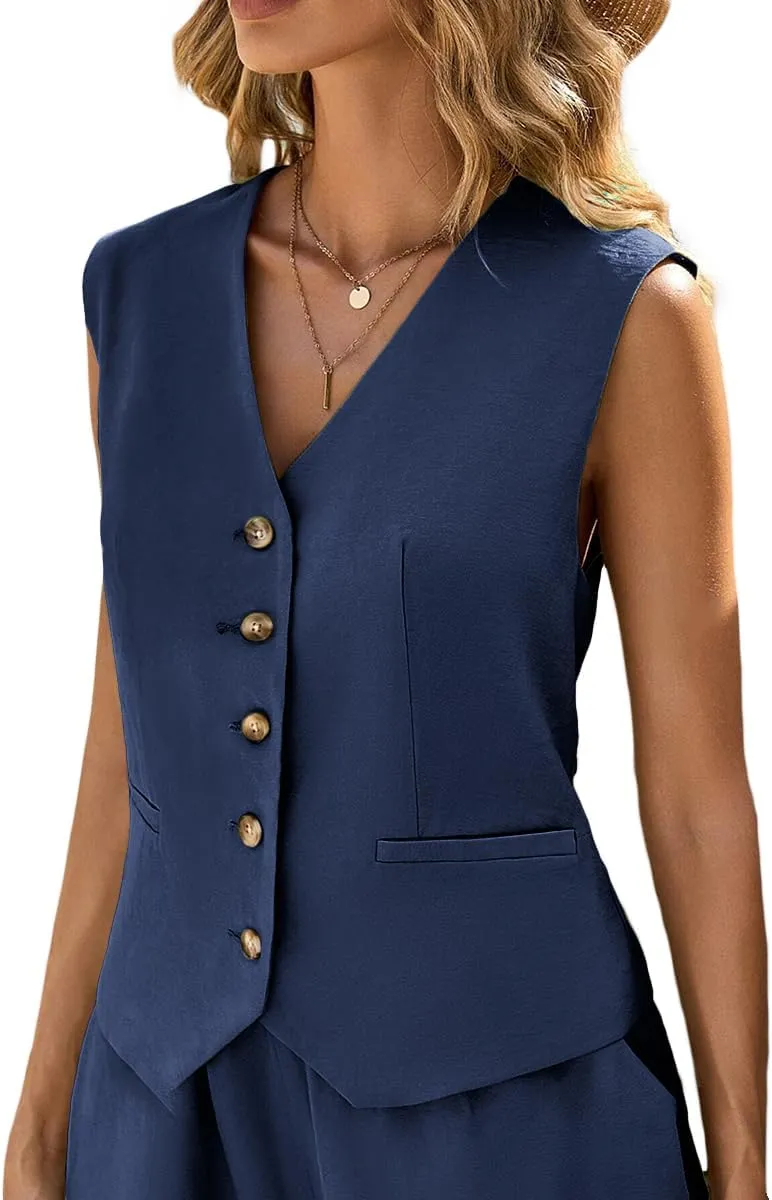 Linen Vest Tops for Women Summer Lihtweight Breathable V-Neck Button Fashion Casual Work Beach Vacation Outerwear