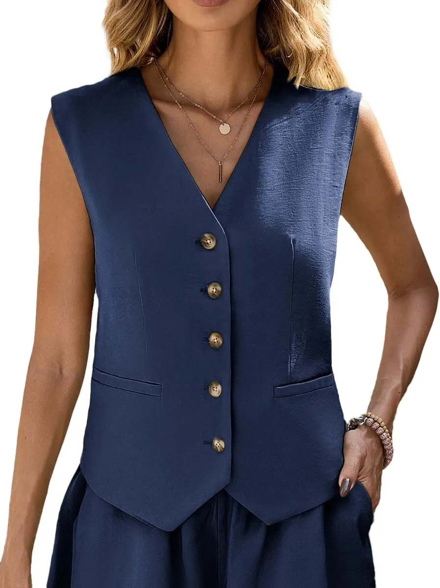 Linen Vest Tops for Women Summer Lihtweight Breathable V-Neck Button Fashion Casual Work Beach Vacation Outerwear