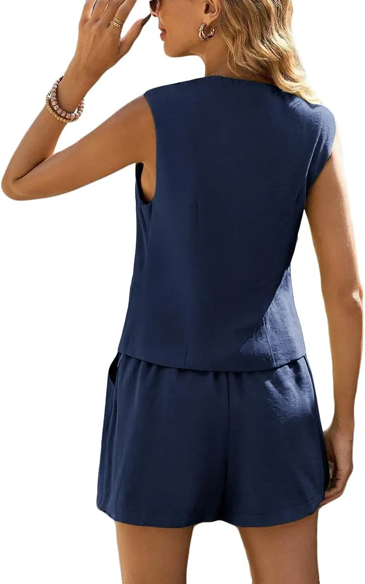Linen Vest Tops for Women Summer Lihtweight Breathable V-Neck Button Fashion Casual Work Beach Vacation Outerwear