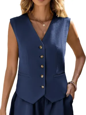 Linen Vest Tops for Women Summer Lihtweight Breathable V-Neck Button Fashion Casual Work Beach Vacation Outerwear